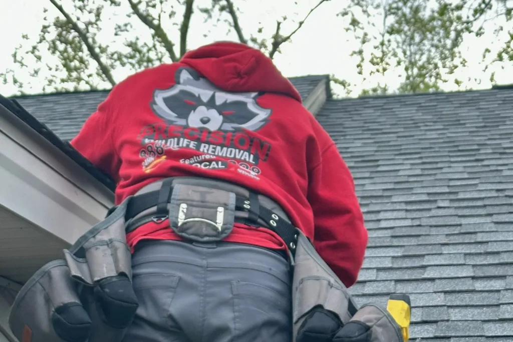 Technician climbing a ladder to inspect a roofline